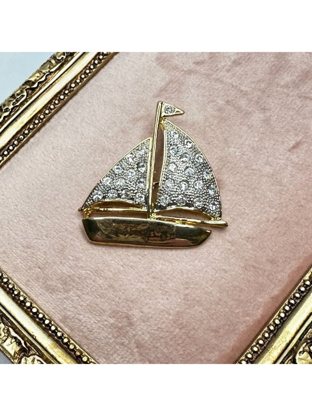Vintage Gold-Tone Sailboat Brooch & Pendant With Pave Crystal Detail